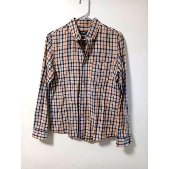 A.P.C. Other - Apc mens small nova check plaid button down shirt tan blue gingham linen cotton